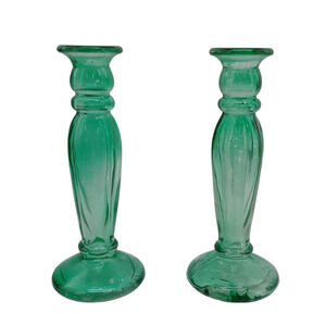 Vintage Emerald Green Glass Bud Vase Pillar Candle Holder Gao Mi 8.5" Set Of 2